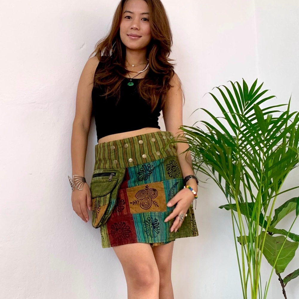 Patchwork Cotton Wrap Skirt with Blockprint - Picture 6 of 13